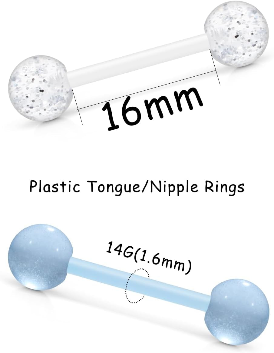 48Pcs 14G 16Mm 14MM Glow in Dark Tongue Nipple Ring Plastic Flexible Acrylic Straight Barbell Body Piercing Jewelry for Women Men Tongue Nippie Piercings