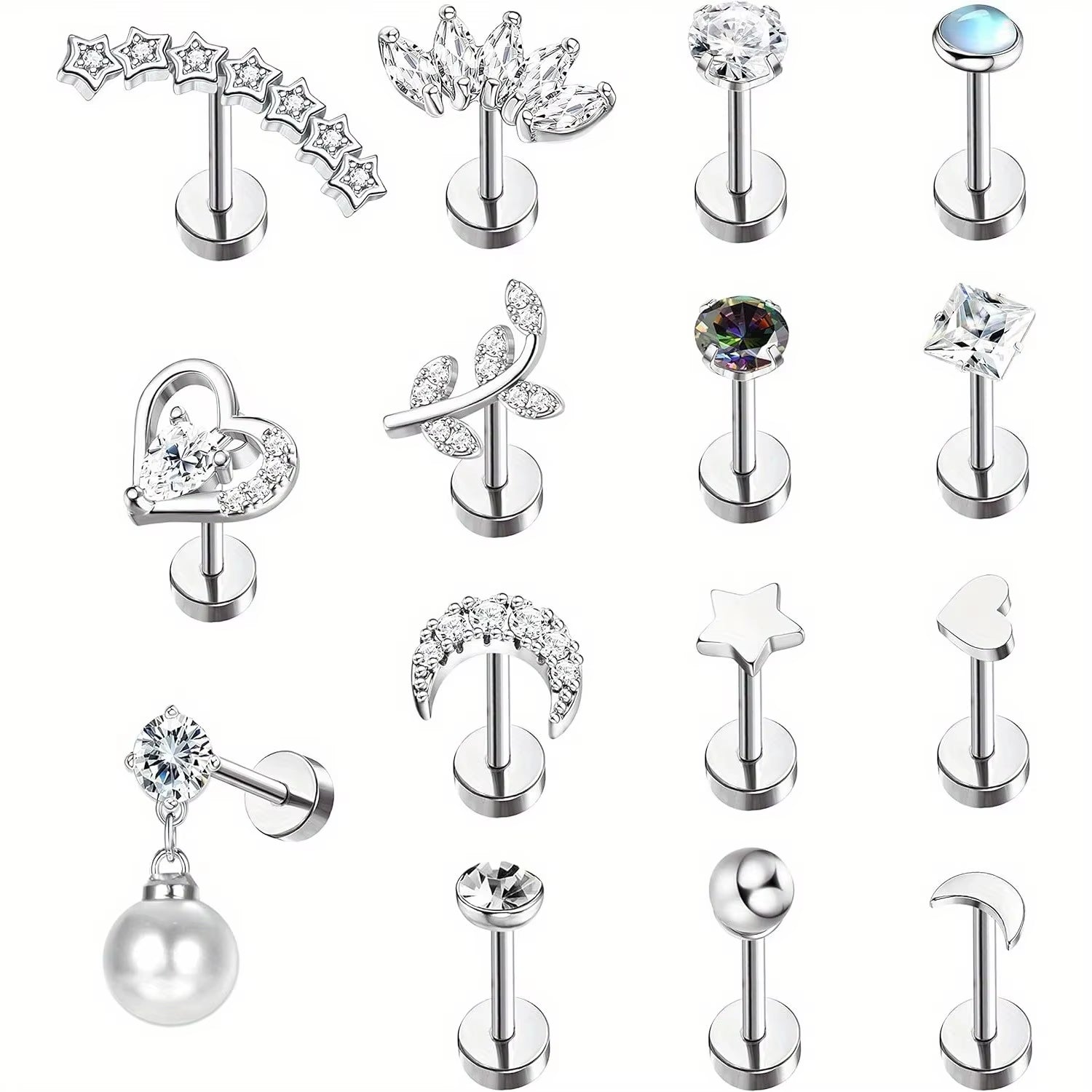 Stainless Steel Cartilage Stud Earrings for Women Opal Star Pearl Earring Studs Flower Studs Ear Piercing Jewelry