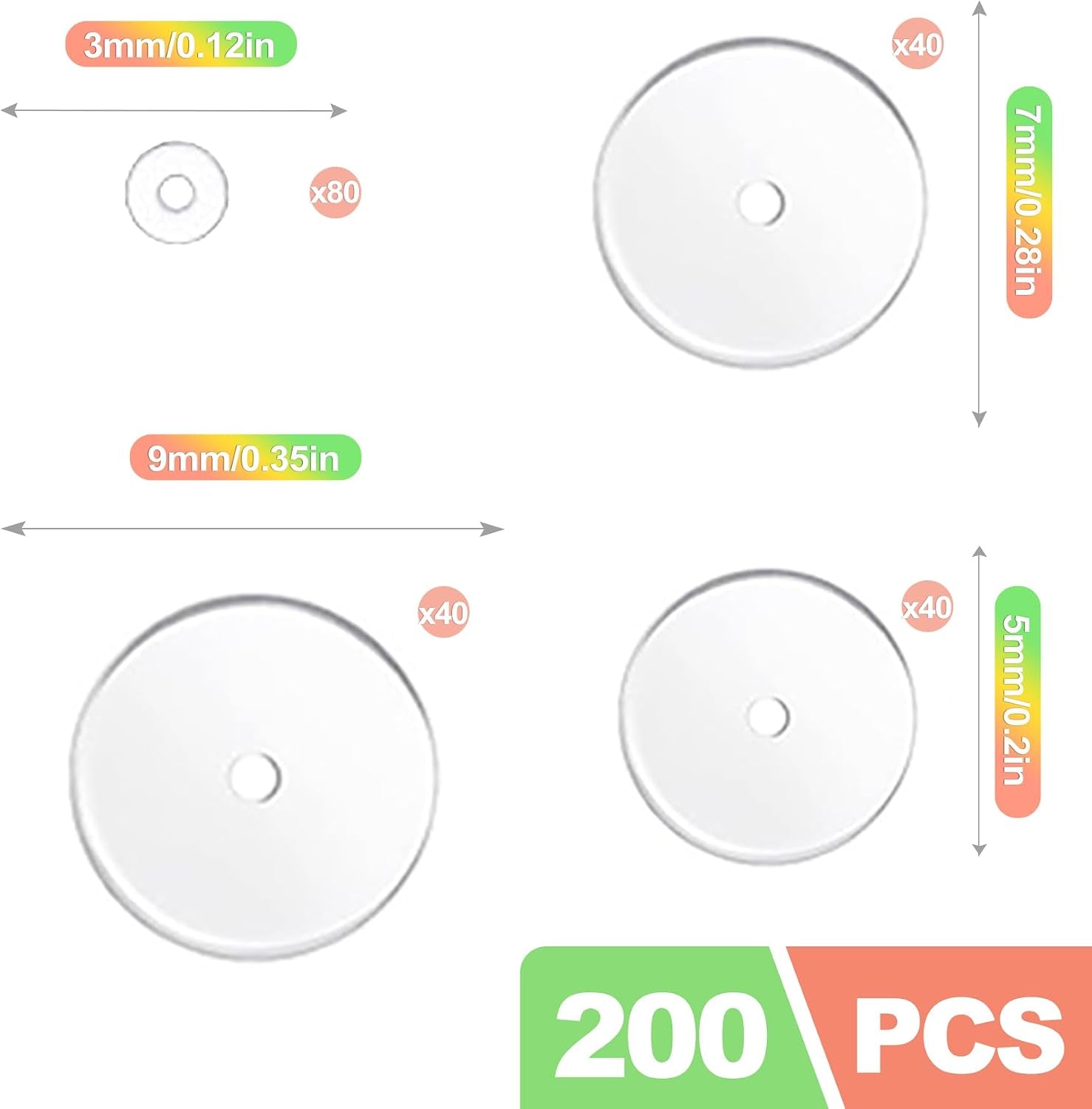 200Pcs Clear Piercing Disc for Piercing Bump, 3/5/7/9Mm Silicone Spacers for Piercings, No Pull Piercing Disk, Plastic Earring Spacers,Earlobe Support Pad