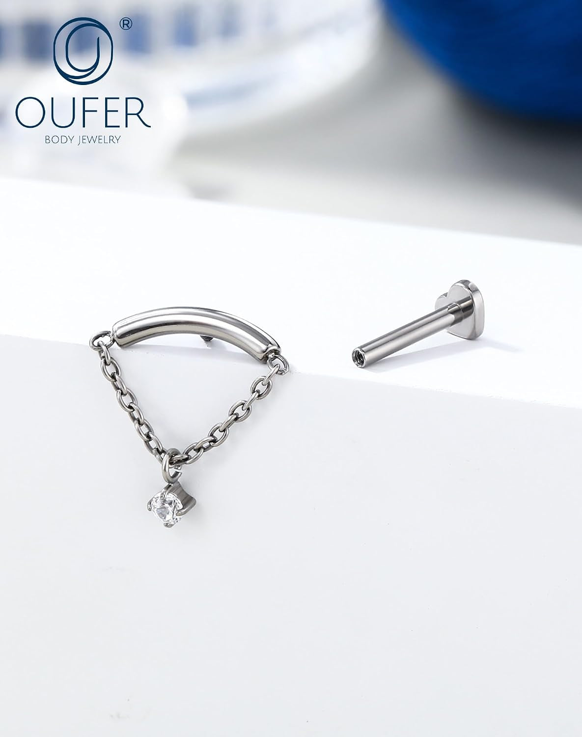 Titanium Internally Thread Cartilage Earring Studs Chain Dangle Helix Piercing Jewelry 16G Clear CZ Flat Back Earring Studs Surgical Steel Helix Tragus Conch Piercing Jewelry