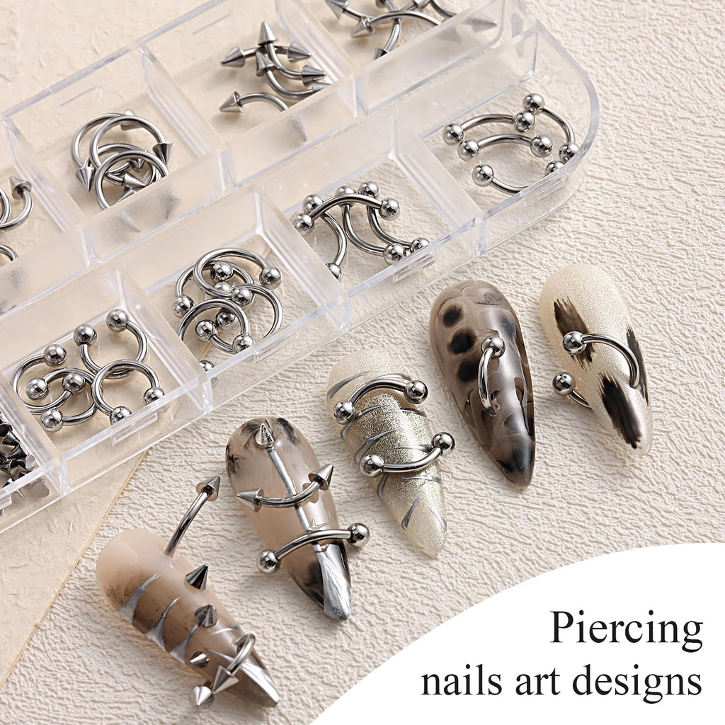 Piercing Nail Charms Set, 3D Silver Alloy Goth Punk Nail Art Decorations, Triangle Spike Rivets & Metal Rings, Y2K Pierced Nail Charms for DIY Manicure & Salon Accessories