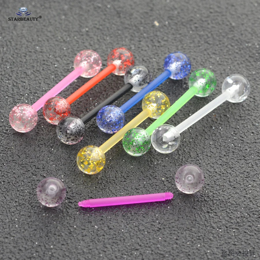 8Pcs/Lot Soft Acrylic Barbell Sexy Tongue Piercing Tongue Rings Flashing Powder Plastic Nipple Ring Ear Body Jewelry