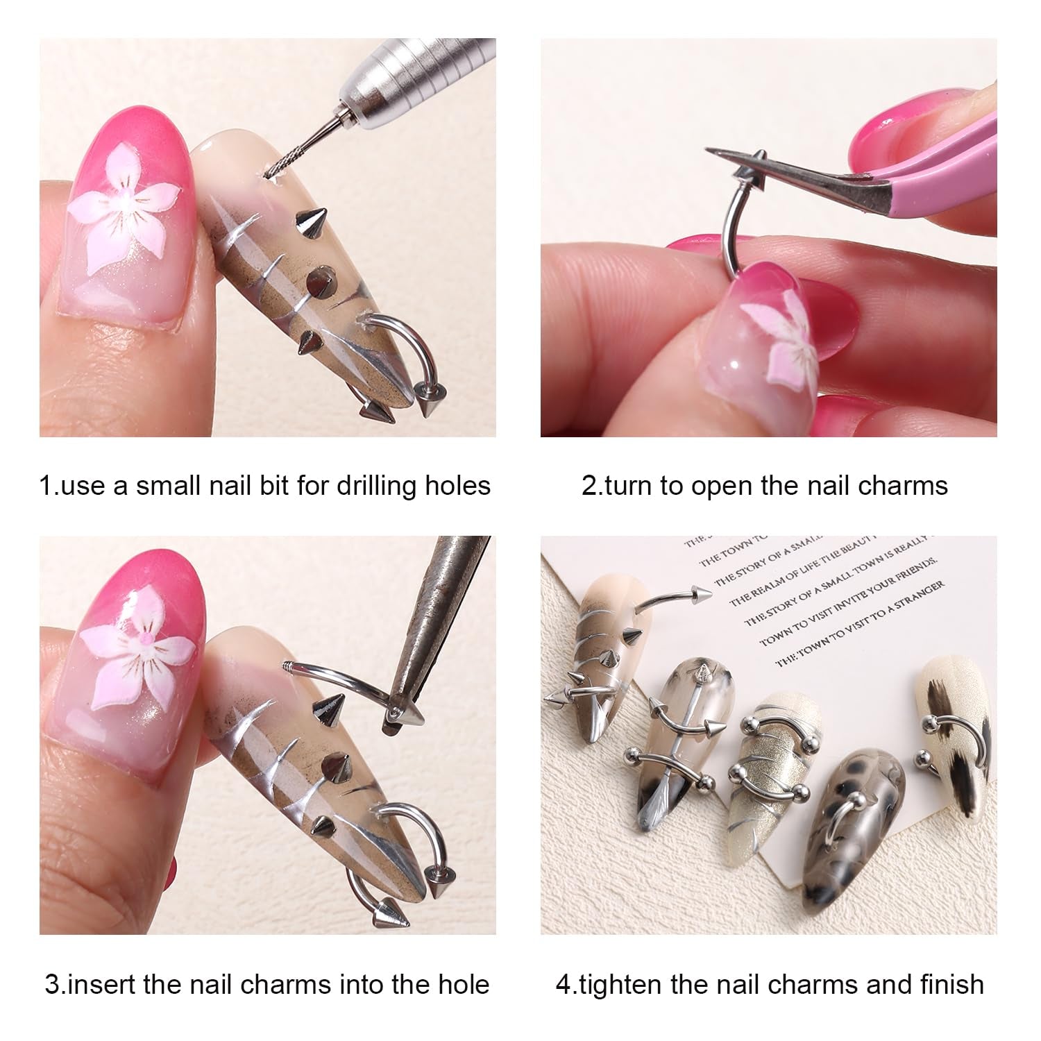Piercing Nail Charms Set, 3D Silver Alloy Goth Punk Nail Art Decorations, Triangle Spike Rivets & Metal Rings, Y2K Pierced Nail Charms for DIY Manicure & Salon Accessories