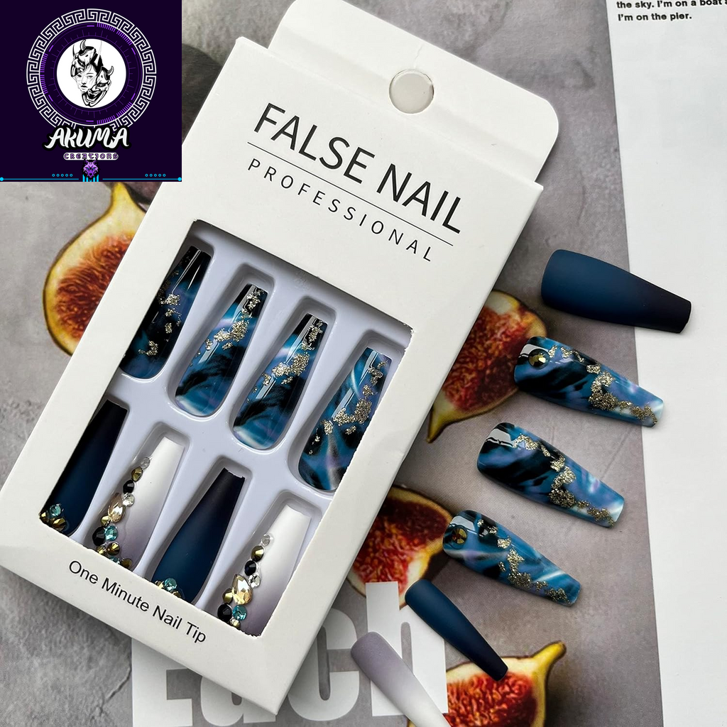 Long Press on Nails Navy Blue Coffin Fake Nails French Marble False Nails with Glitter Designs Rhinestones Glue on Nail Matte Stick on Artificial Nails for Women 24Pcs