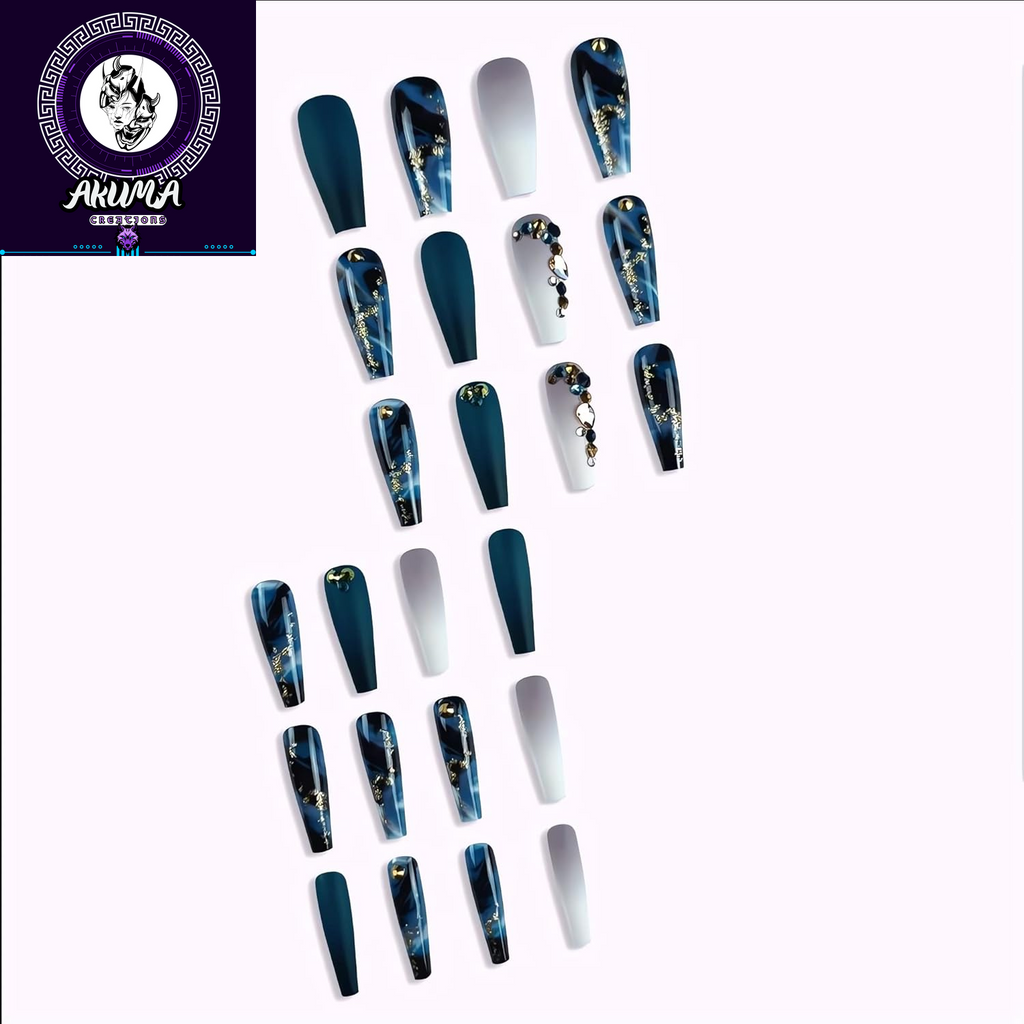 Long Press on Nails Navy Blue Coffin Fake Nails French Marble False Nails with Glitter Designs Rhinestones Glue on Nail Matte Stick on Artificial Nails for Women 24Pcs