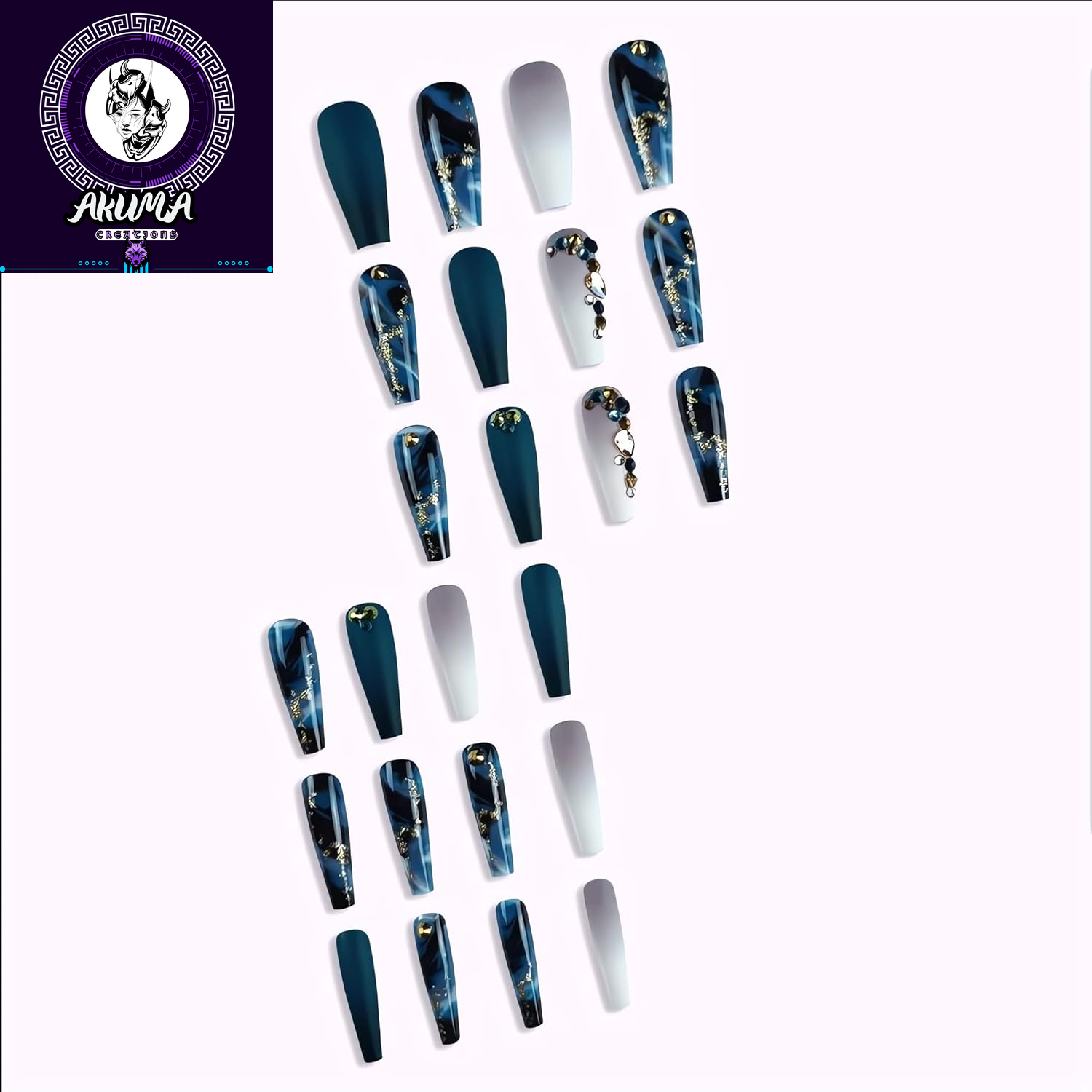 Long Press on Nails Navy Blue Coffin Fake Nails French Marble False Nails with Glitter Designs Rhinestones Glue on Nail Matte Stick on Artificial Nails for Women 24Pcs