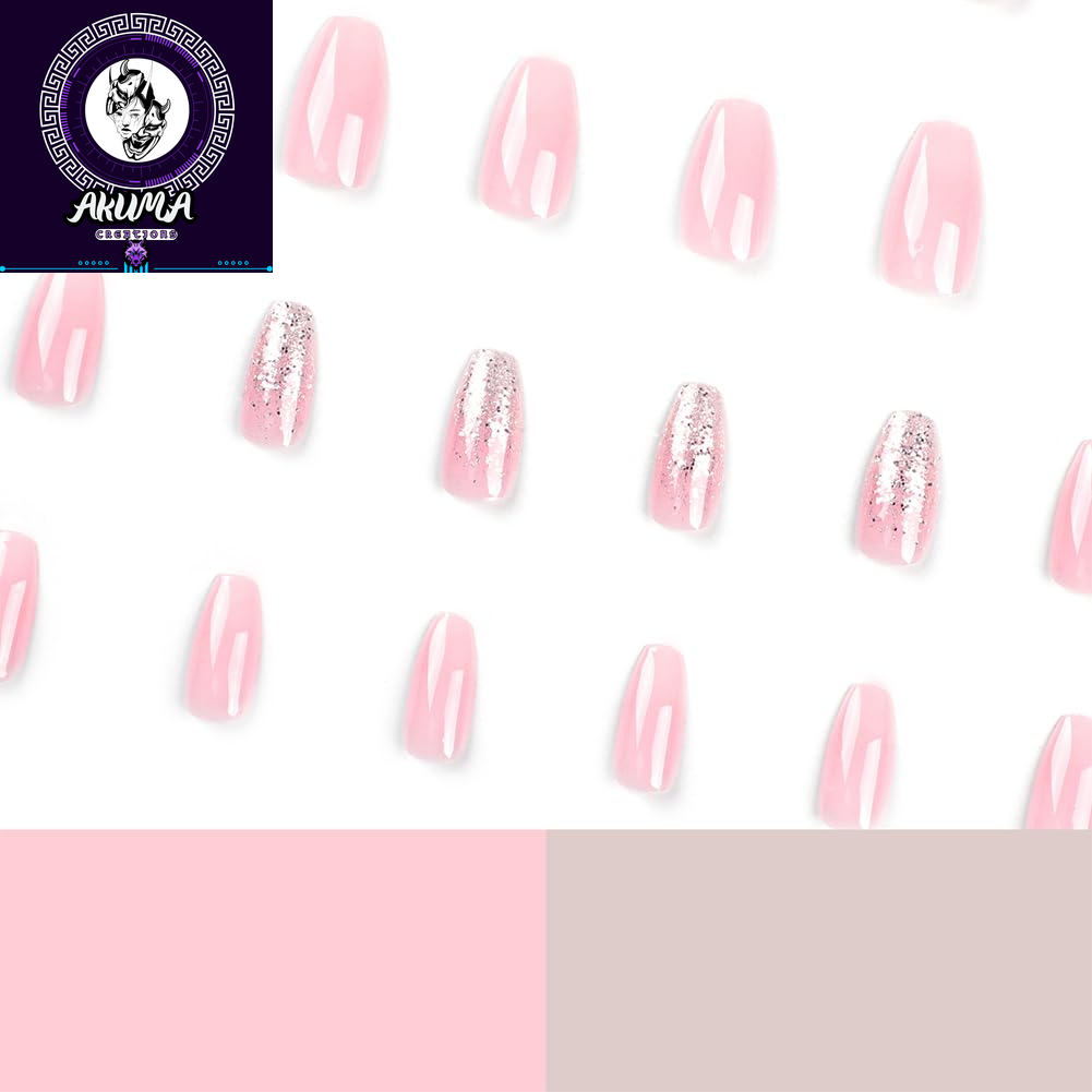 Square Medium Pink White Ombre False Nails with Glitter - 24Pcs Press on Designs Acrylic Artificial Stick on Nails for Women Girls