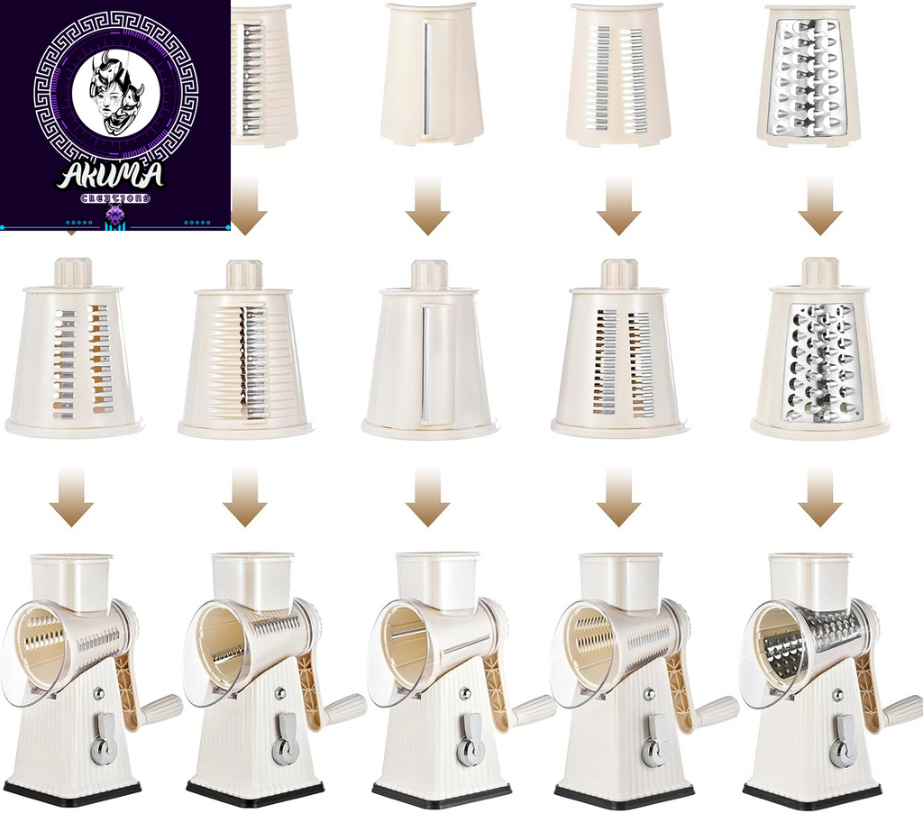 Xilrvna Rotarycheese Grater,Vegetableshredder 5 in 1 Cheese Grater with Handleedderreinforcedsuction,Easytoclean,Kitchenchopperforcrushedice,Fruits and Nuts with Blade Storage Case（White