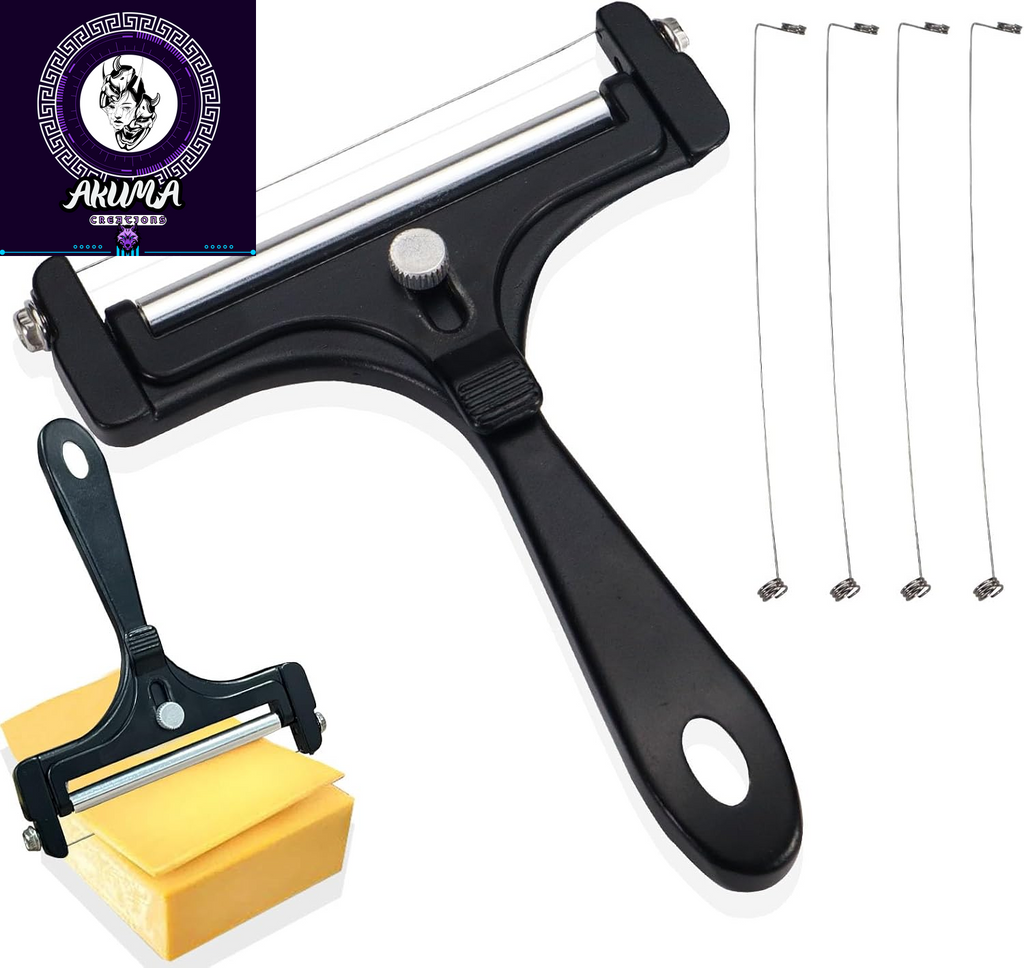 Adjustable Cheese Slicer with 4 Extra Wires Replacement, Hand Held Wire Cheese Cutter Shaver, Heavy Duty Aluminum Alloy Cheese Slicers for Block Cheese (Black)