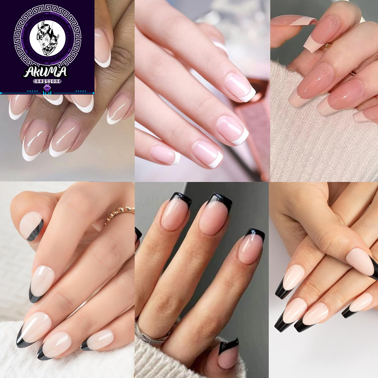 6 Pack French Tip Press on Nails - Almond, Square & Coffin Shapes, Short Fake Nails with Glue, Artificial Stick on Nails (White, Black)