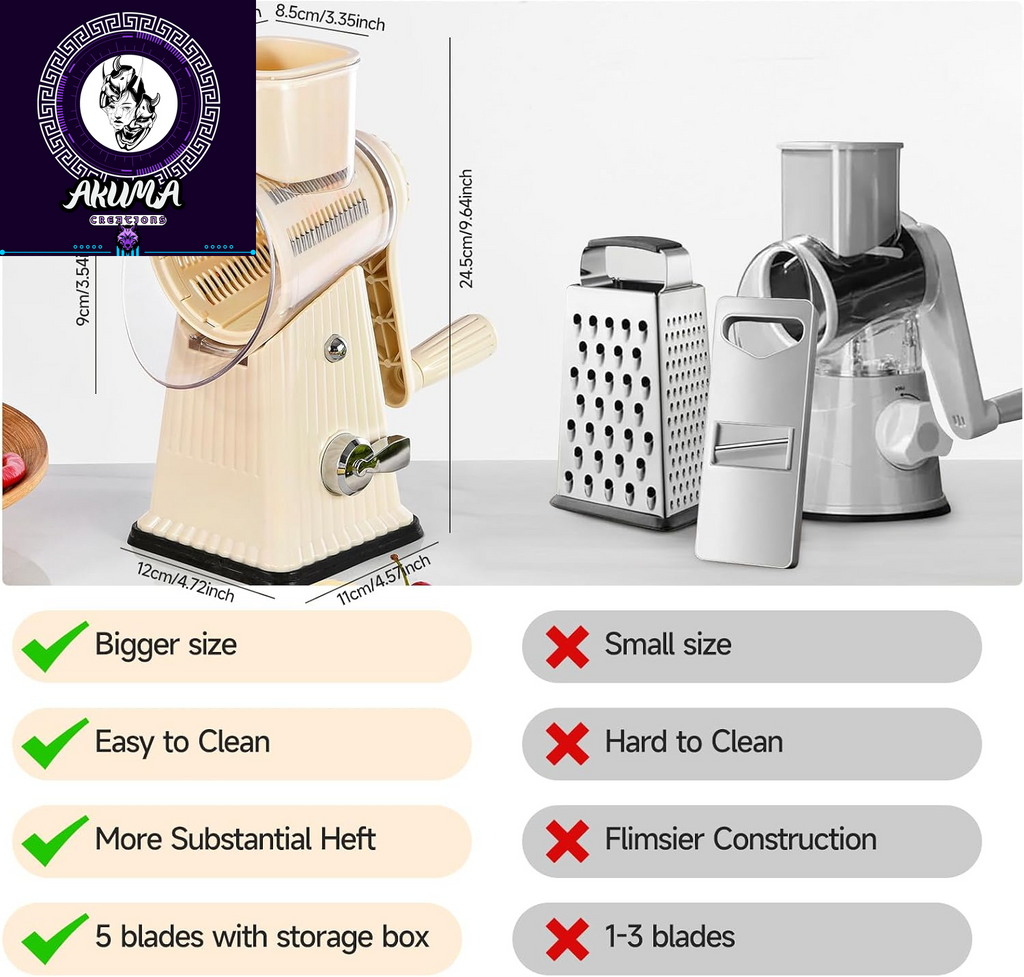 Xilrvna Rotarycheese Grater,Vegetableshredder 5 in 1 Cheese Grater with Handleedderreinforcedsuction,Easytoclean,Kitchenchopperforcrushedice,Fruits and Nuts with Blade Storage Case（White