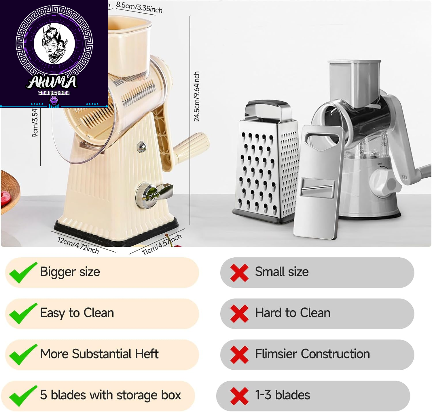 Xilrvna Rotarycheese Grater,Vegetableshredder 5 in 1 Cheese Grater with Handleedderreinforcedsuction,Easytoclean,Kitchenchopperforcrushedice,Fruits and Nuts with Blade Storage Case（White