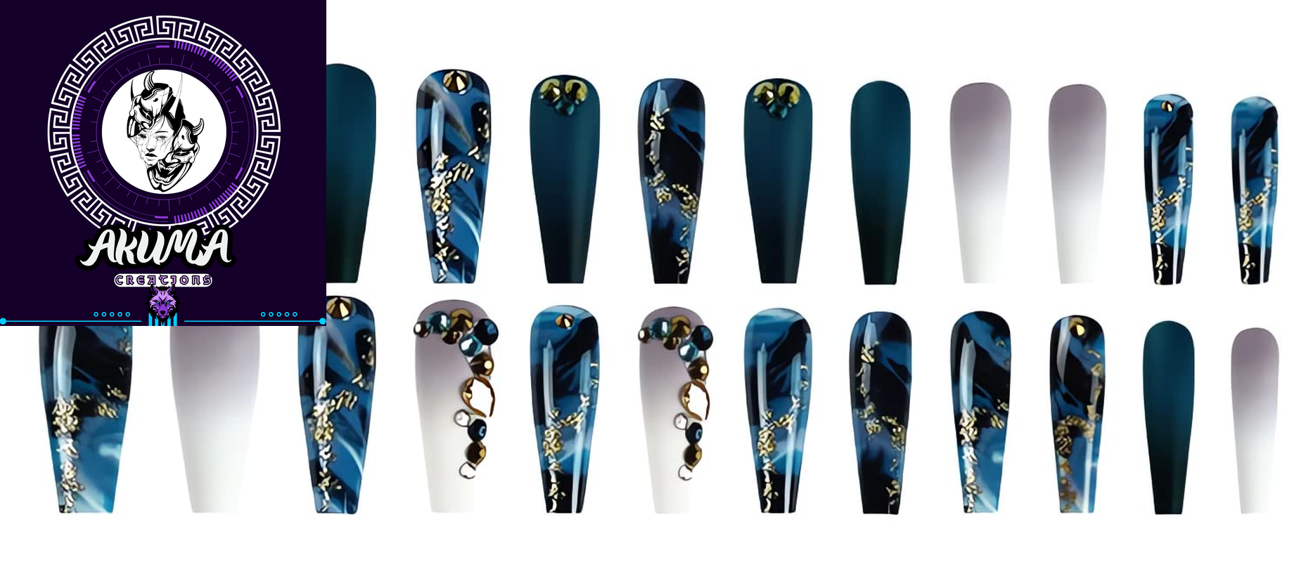 Long Press on Nails Navy Blue Coffin Fake Nails French Marble False Nails with Glitter Designs Rhinestones Glue on Nail Matte Stick on Artificial Nails for Women 24Pcs