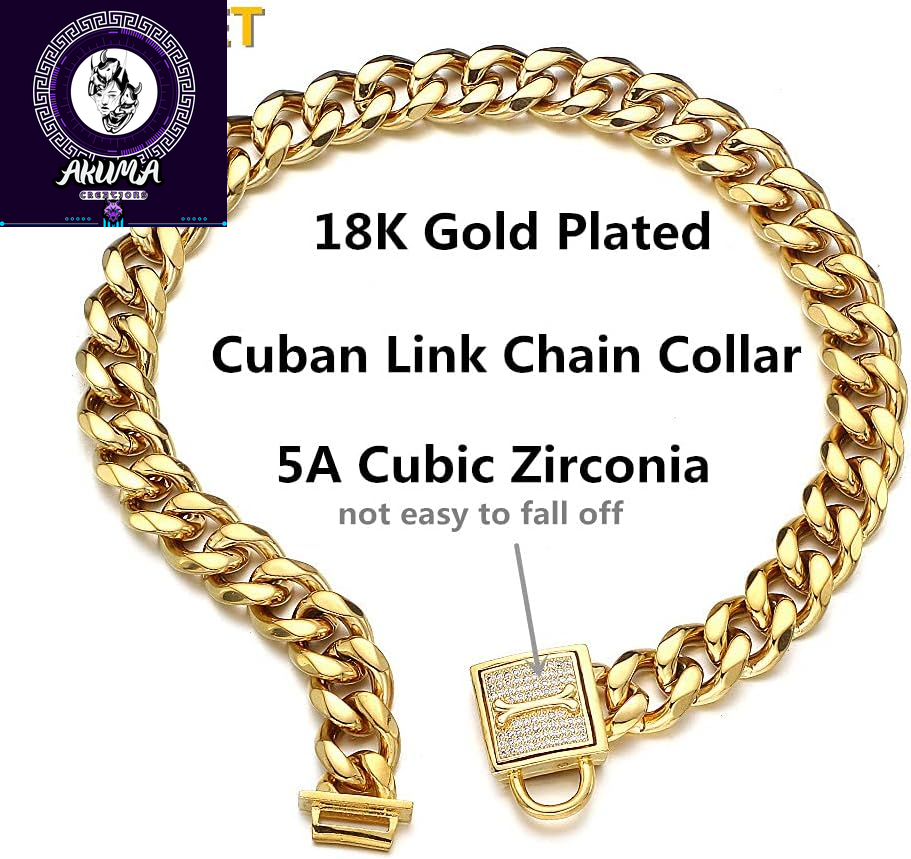 Gold Chain Dog Collar Walking Trainning Chain Collar with CZ Lock ID Tag and Bell Chew Proof 11MM/15MM/19MM Stainless Steel Cuban Link Chain for Small Medium Large Dogs (15Mm, 10Inch)