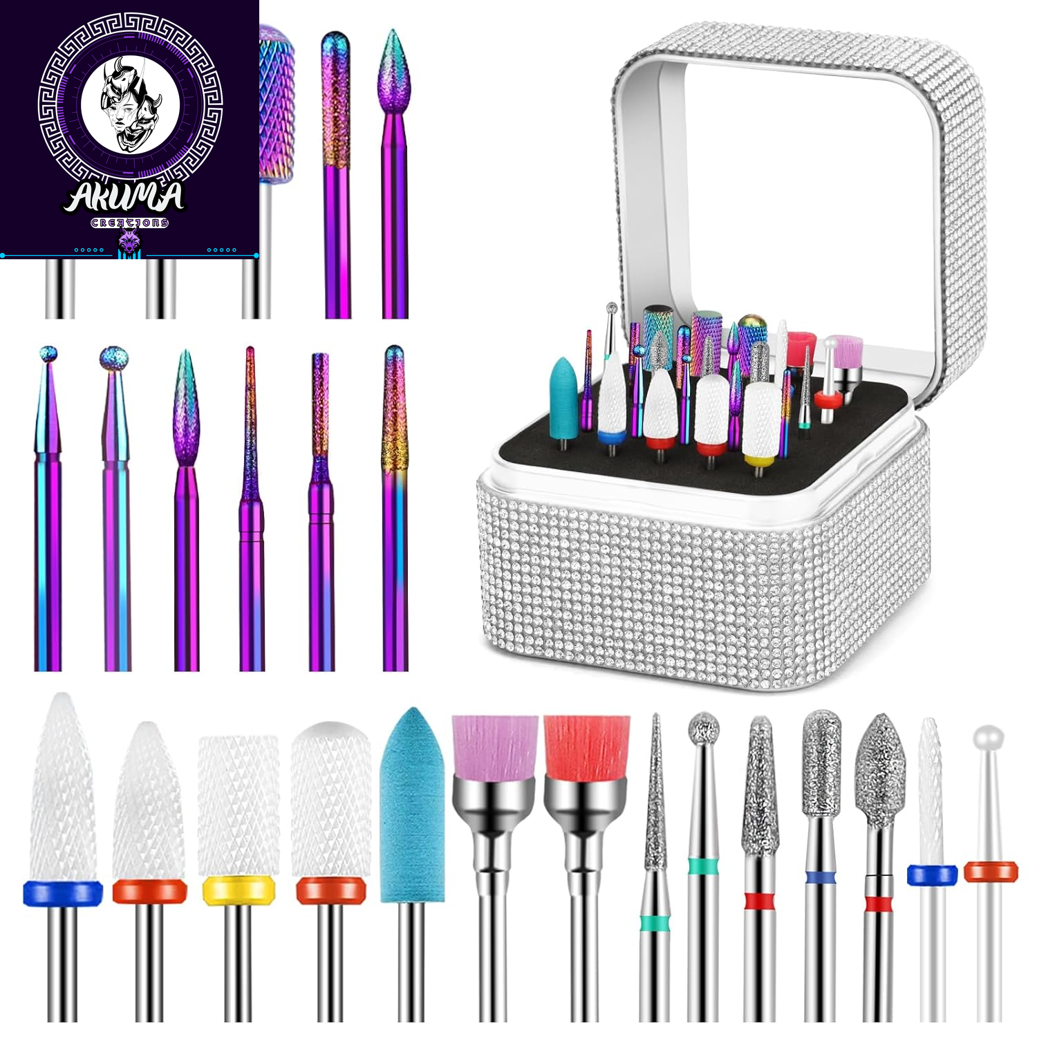 25Pcs Nail Drill Bits Set with Storage Box, 3/32 Inch Tungsten Ceramic Diamond Carbide Nail Drill Bits for Acrylic Gel Polish, Cuticle Efile Remover for Manicure Pedicure