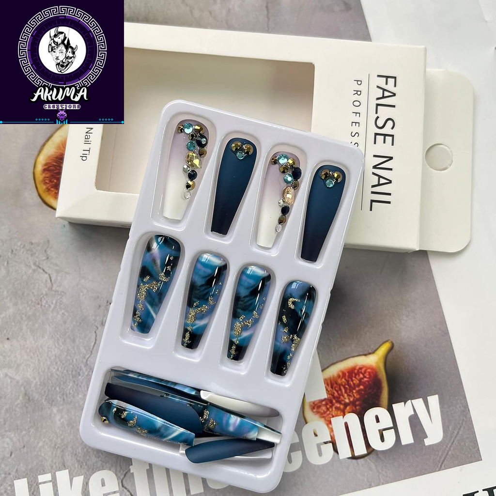 Long Press on Nails Navy Blue Coffin Fake Nails French Marble False Nails with Glitter Designs Rhinestones Glue on Nail Matte Stick on Artificial Nails for Women 24Pcs