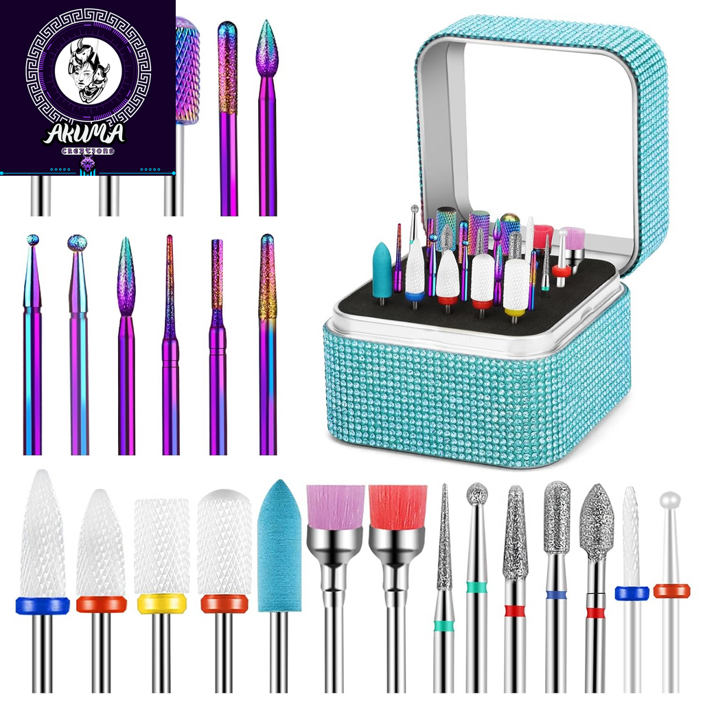 25Pcs Nail Drill Bits Set with Storage Box, 3/32 Inch Tungsten Ceramic Diamond Carbide Nail Drill Bits for Acrylic Gel Polish, Cuticle Efile Remover for Manicure Pedicure