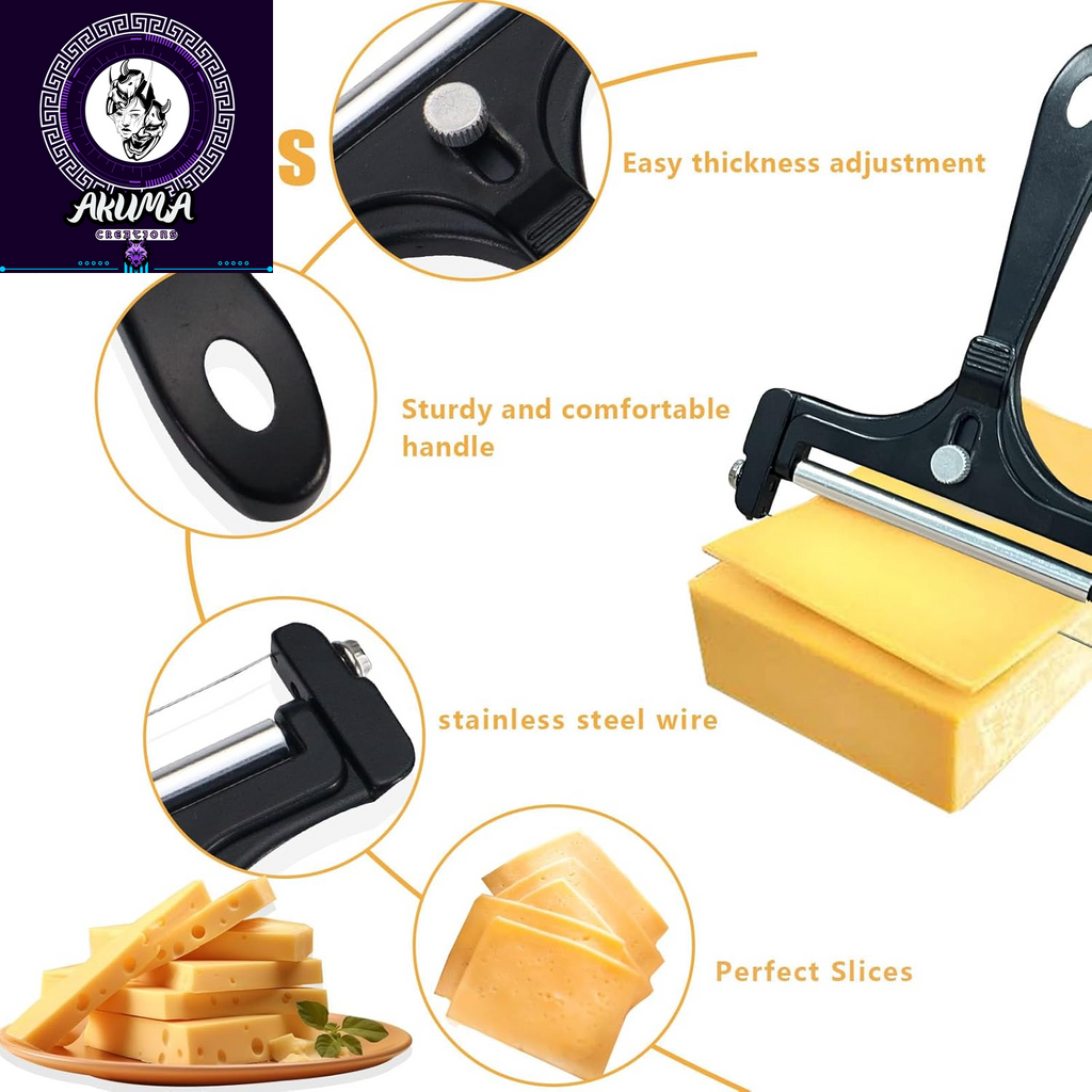 Adjustable Cheese Slicer with 4 Extra Wires Replacement, Hand Held Wire Cheese Cutter Shaver, Heavy Duty Aluminum Alloy Cheese Slicers for Block Cheese (Black)