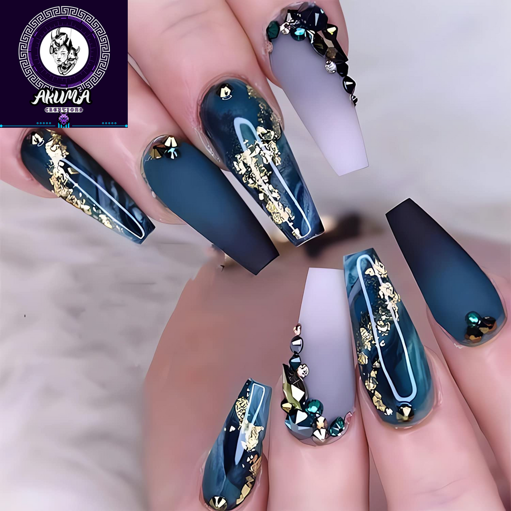 Long Press on Nails Navy Blue Coffin Fake Nails French Marble False Nails with Glitter Designs Rhinestones Glue on Nail Matte Stick on Artificial Nails for Women 24Pcs