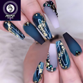 Long Press on Nails Navy Blue Coffin Fake Nails French Marble False Nails with Glitter Designs Rhinestones Glue on Nail Matte Stick on Artificial Nails for Women 24Pcs