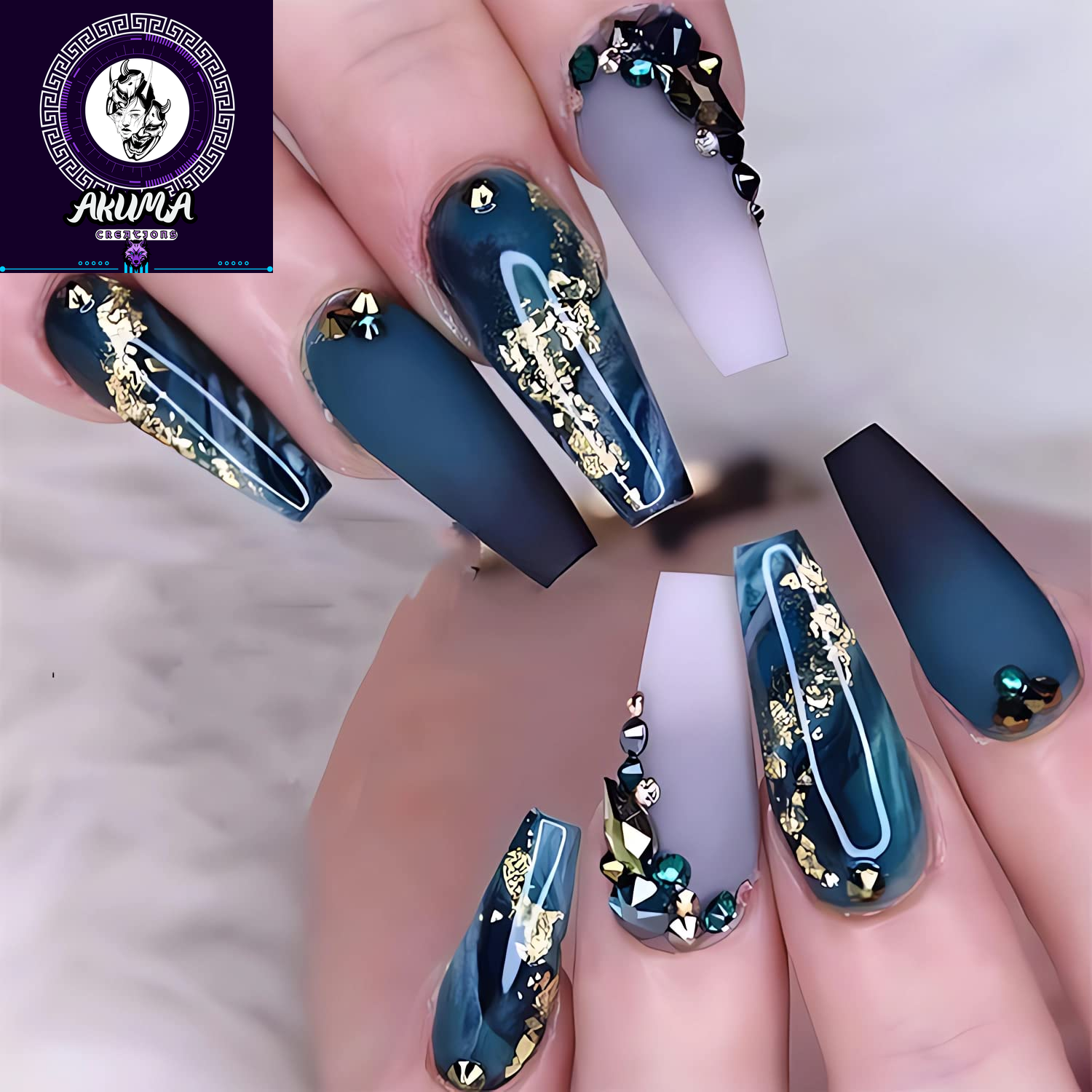Long Press on Nails Navy Blue Coffin Fake Nails French Marble False Nails with Glitter Designs Rhinestones Glue on Nail Matte Stick on Artificial Nails for Women 24Pcs