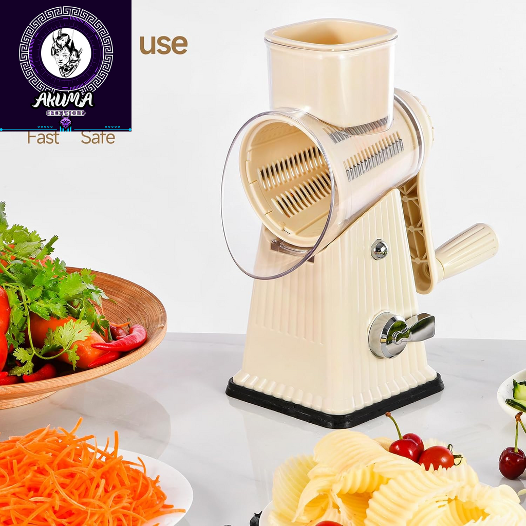 Xilrvna Rotarycheese Grater,Vegetableshredder 5 in 1 Cheese Grater with Handleedderreinforcedsuction,Easytoclean,Kitchenchopperforcrushedice,Fruits and Nuts with Blade Storage Case（White