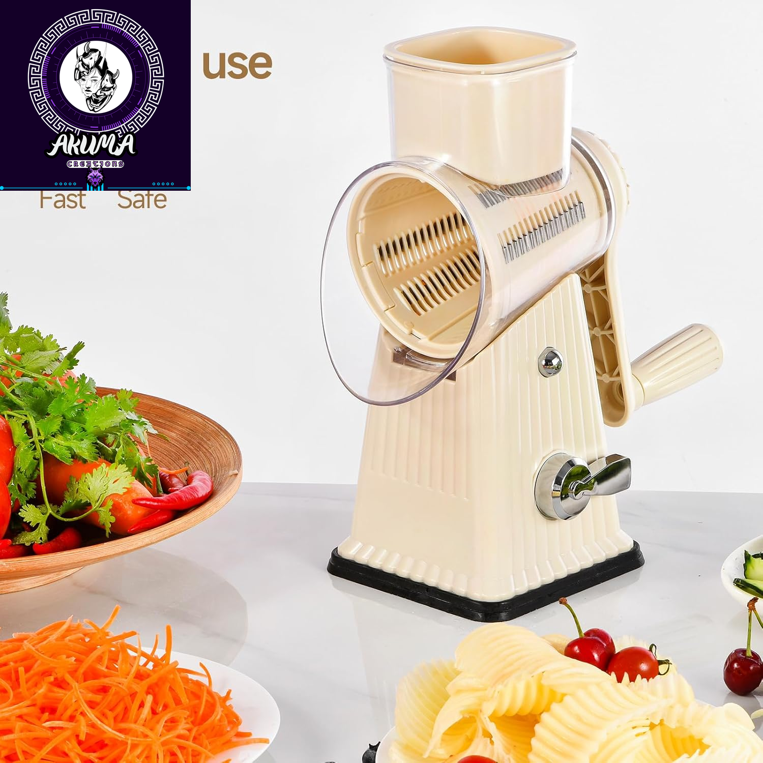 Xilrvna Rotarycheese Grater,Vegetableshredder 5 in 1 Cheese Grater with Handleedderreinforcedsuction,Easytoclean,Kitchenchopperforcrushedice,Fruits and Nuts with Blade Storage Case（White