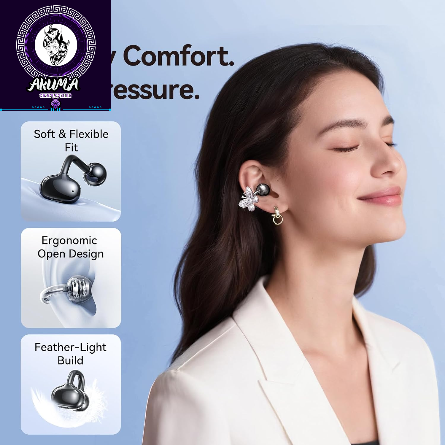 Jewelry-Inspired Clip-On Earbuds with Butterfly Earrings (black)