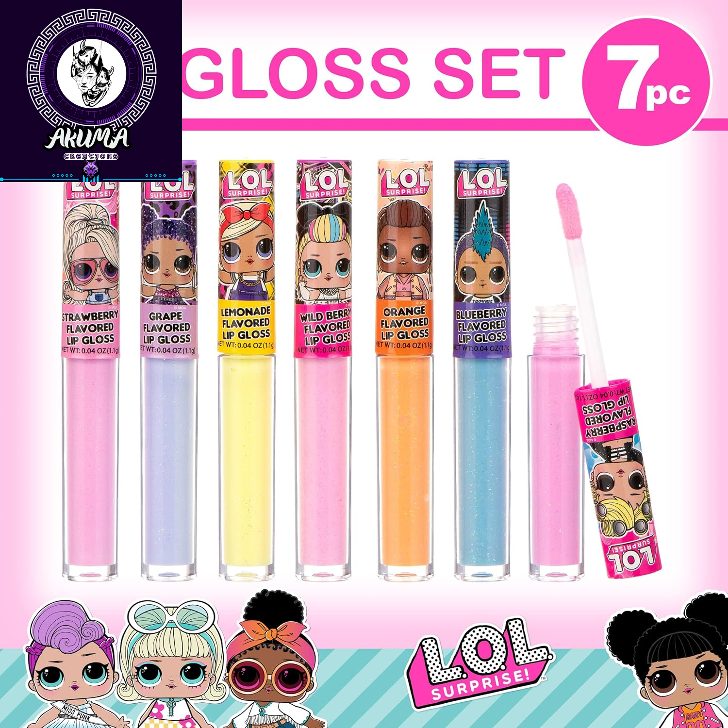 L.O.L Surprise 7-Pack Lip Gloss for Girls, Lol Lip Gloss | Non-Toxic Kids Makeup with L.O.L. Characters