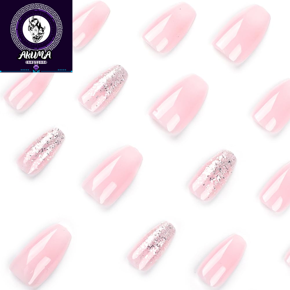 Square Medium Pink White Ombre False Nails with Glitter - 24Pcs Press on Designs Acrylic Artificial Stick on Nails for Women Girls