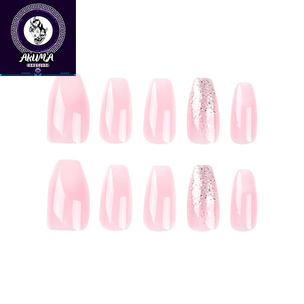 Square Medium Pink White Ombre False Nails with Glitter - 24Pcs Press on Designs Acrylic Artificial Stick on Nails for Women Girls