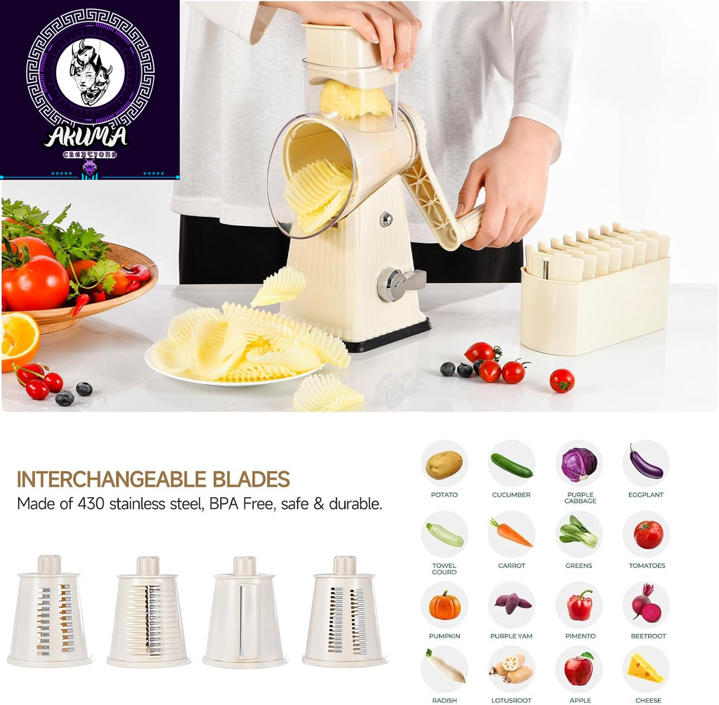 Xilrvna Rotarycheese Grater,Vegetableshredder 5 in 1 Cheese Grater with Handleedderreinforcedsuction,Easytoclean,Kitchenchopperforcrushedice,Fruits and Nuts with Blade Storage Case（White