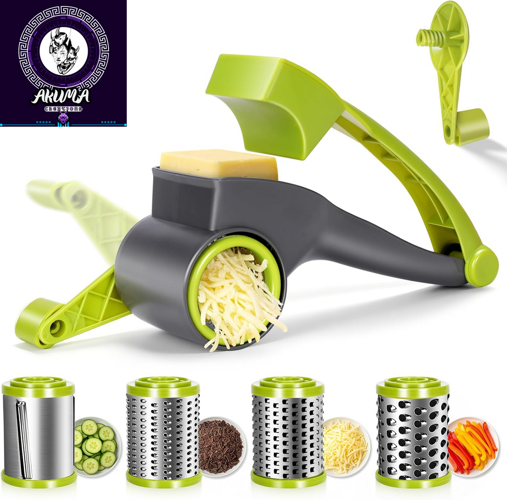 Cheese Grater, Parmesan Cheese Grater with Handle and 1 Replacement Handle Cheese Grate Rotary with 4 Stainlesssteel Drums for Grating and Shredding Hard Cheese, Chocolate, Nuts