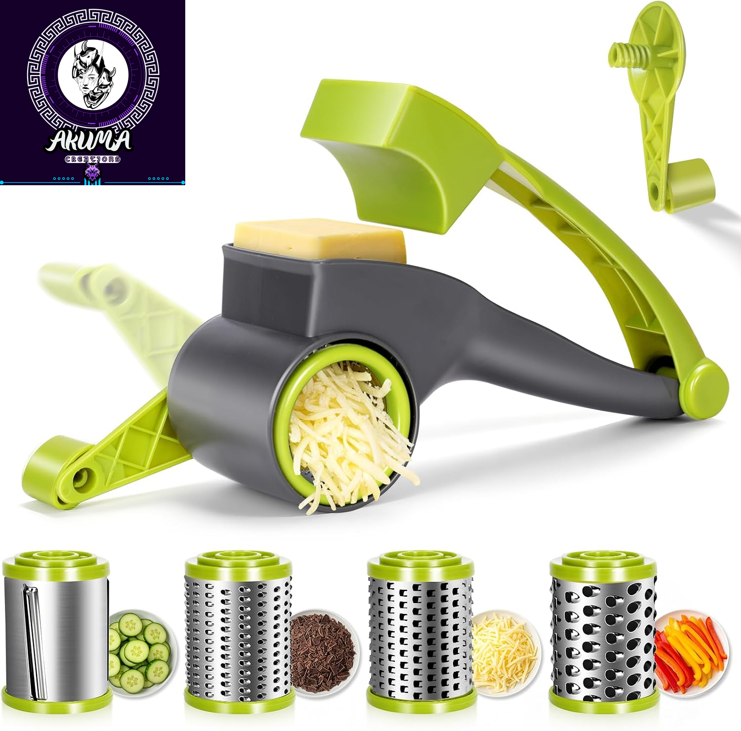 Cheese Grater, Parmesan Cheese Grater with Handle and 1 Replacement Handle Cheese Grate Rotary with 4 Stainlesssteel Drums for Grating and Shredding Hard Cheese, Chocolate, Nuts