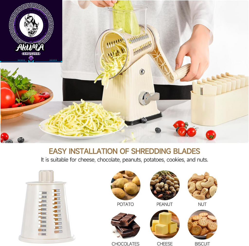Xilrvna Rotarycheese Grater,Vegetableshredder 5 in 1 Cheese Grater with Handleedderreinforcedsuction,Easytoclean,Kitchenchopperforcrushedice,Fruits and Nuts with Blade Storage Case（White