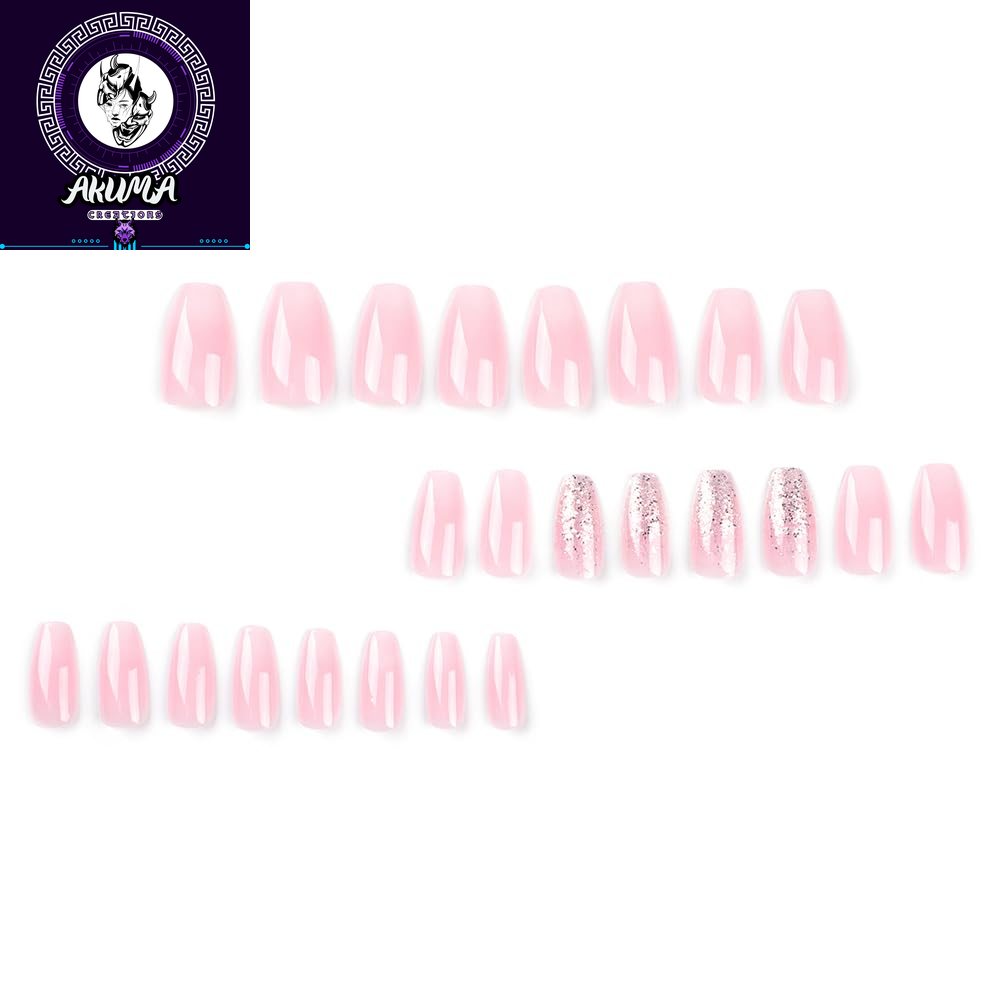 Square Medium Pink White Ombre False Nails with Glitter - 24Pcs Press on Designs Acrylic Artificial Stick on Nails for Women Girls