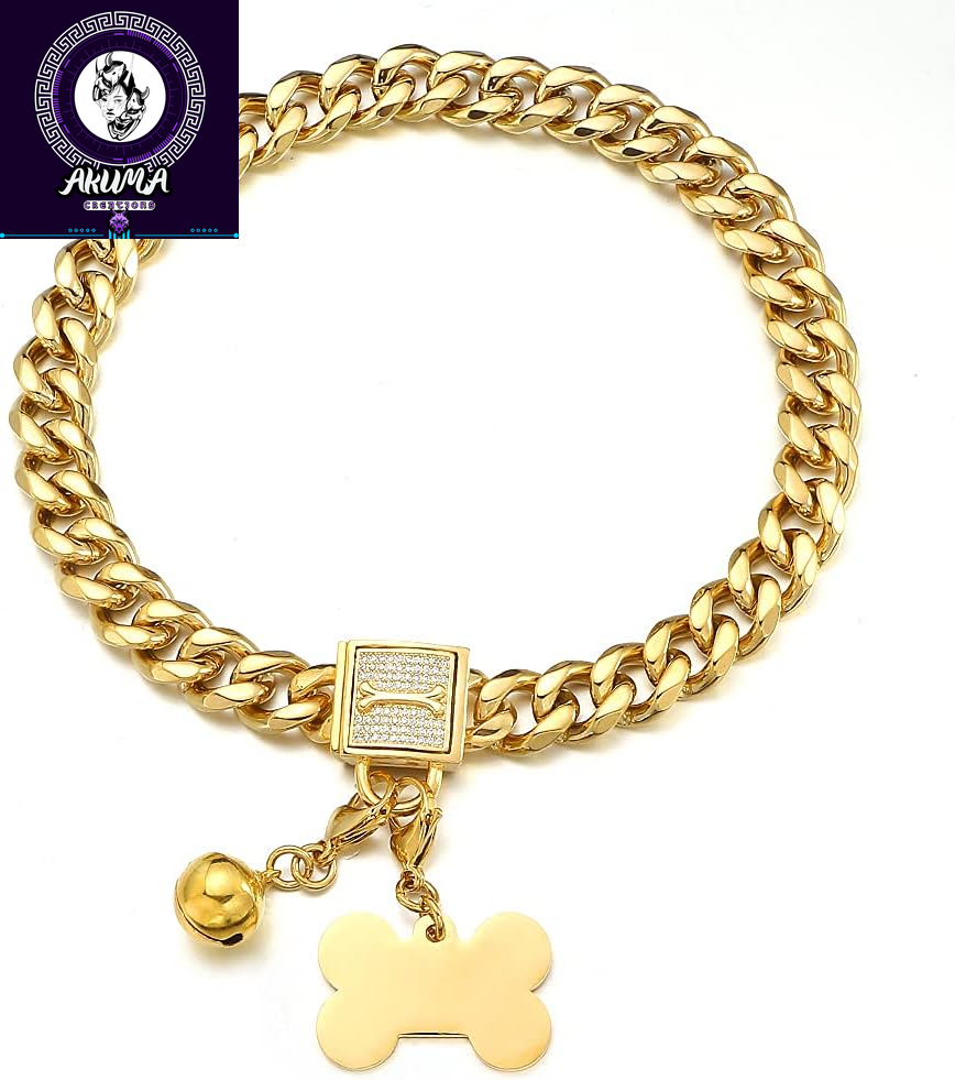 Gold Chain Dog Collar Walking Trainning Chain Collar with CZ Lock ID Tag and Bell Chew Proof 11MM/15MM/19MM Stainless Steel Cuban Link Chain for Small Medium Large Dogs (15Mm, 10Inch)