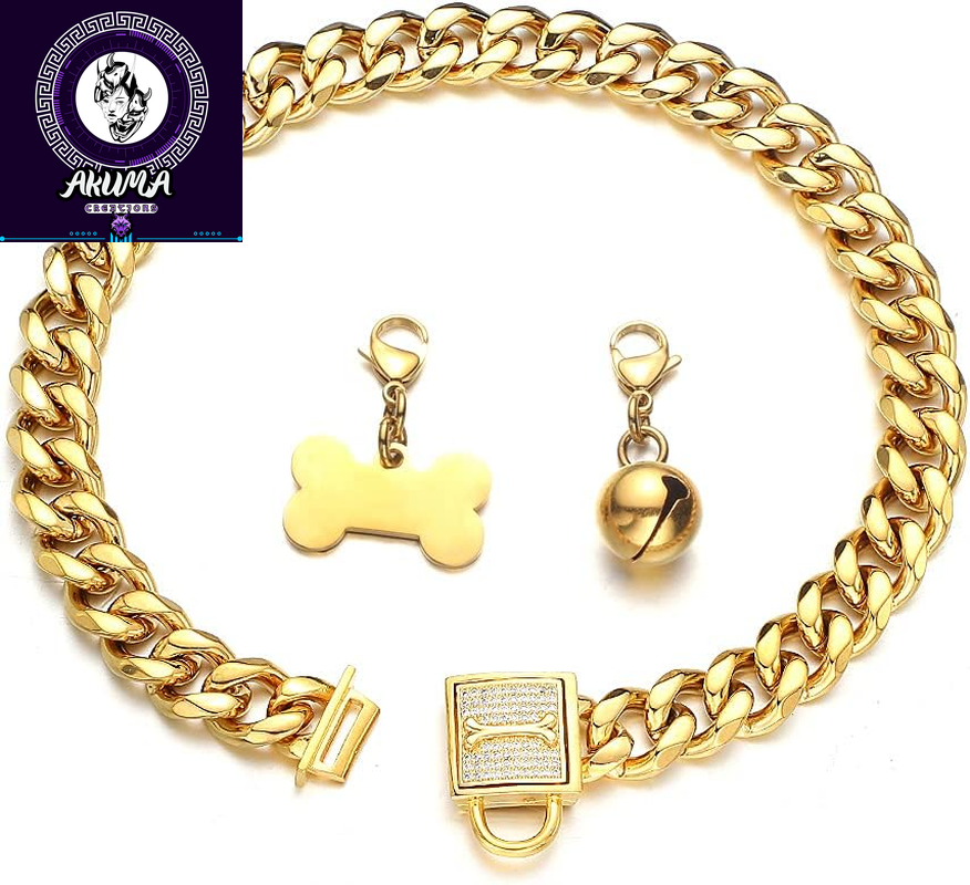 Gold Chain Dog Collar Walking Trainning Chain Collar with CZ Lock ID Tag and Bell Chew Proof 11MM/15MM/19MM Stainless Steel Cuban Link Chain for Small Medium Large Dogs (15Mm, 10Inch)