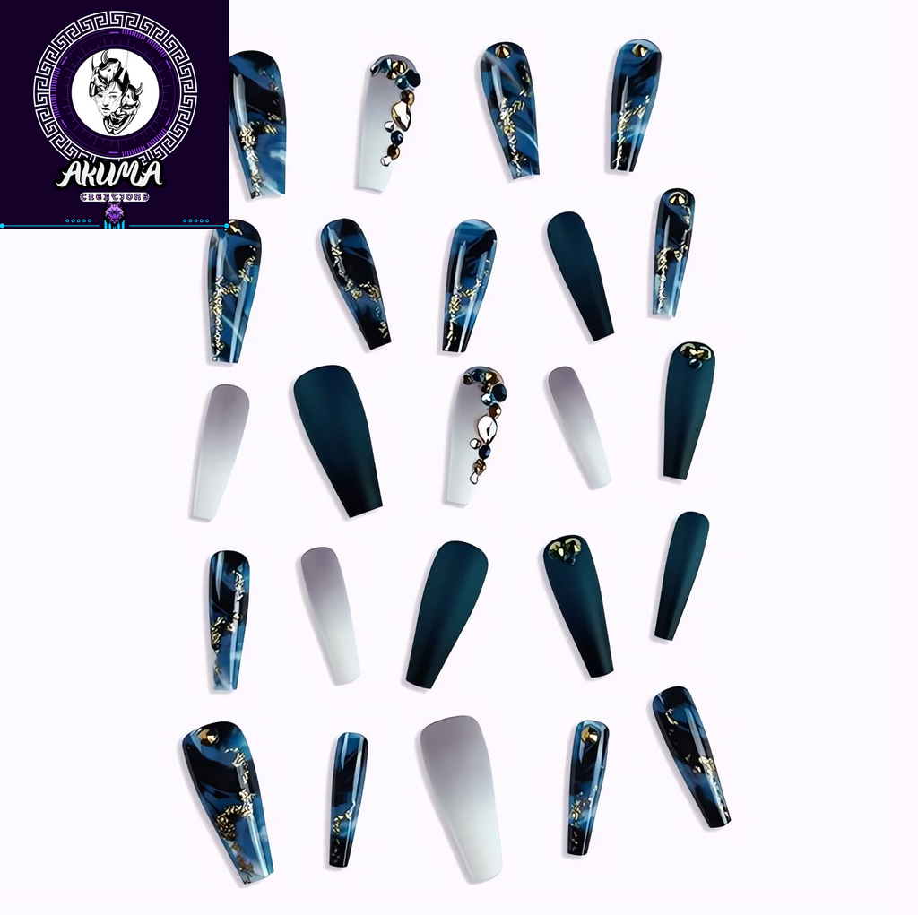 Long Press on Nails Navy Blue Coffin Fake Nails French Marble False Nails with Glitter Designs Rhinestones Glue on Nail Matte Stick on Artificial Nails for Women 24Pcs