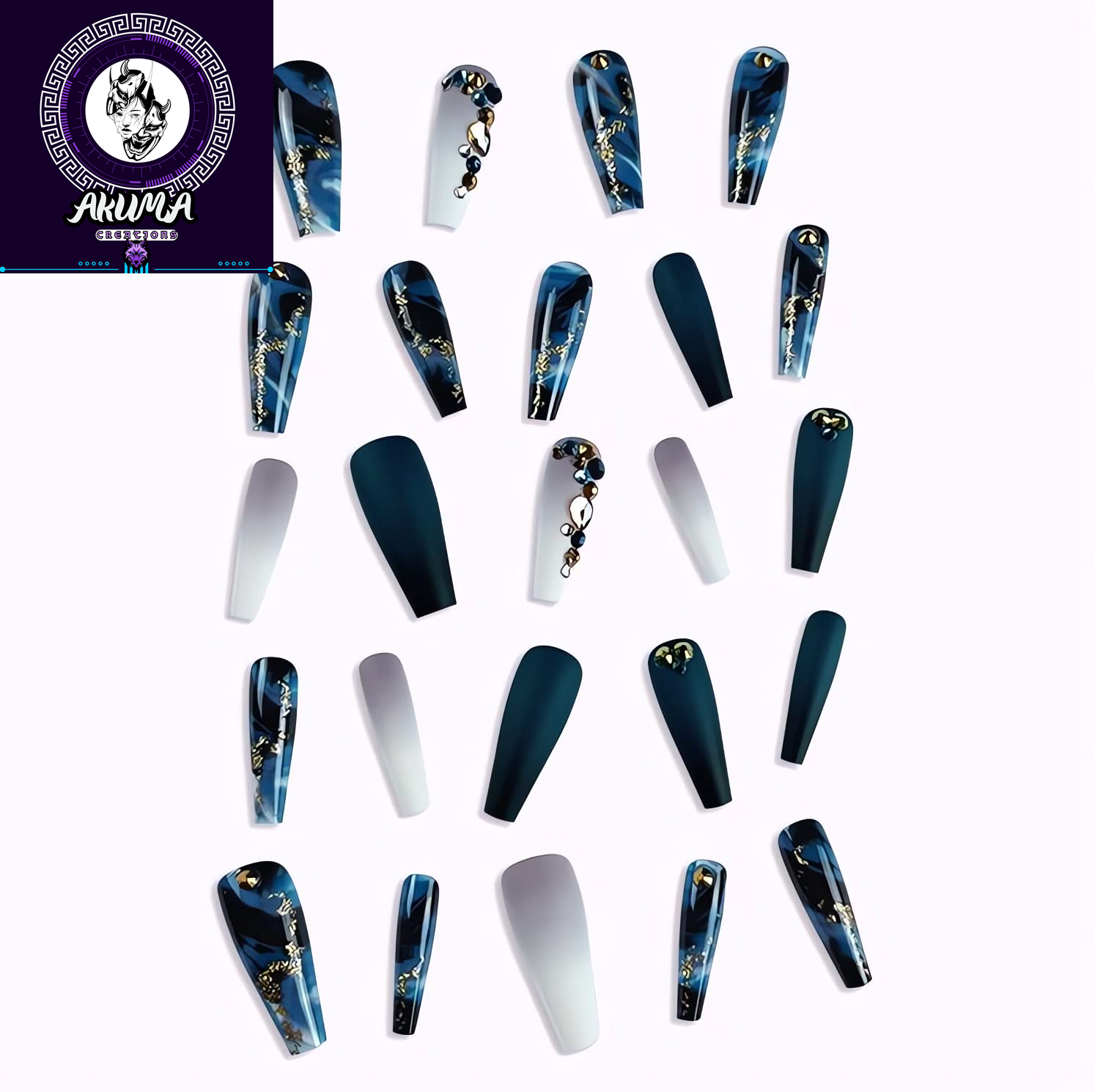 Long Press on Nails Navy Blue Coffin Fake Nails French Marble False Nails with Glitter Designs Rhinestones Glue on Nail Matte Stick on Artificial Nails for Women 24Pcs