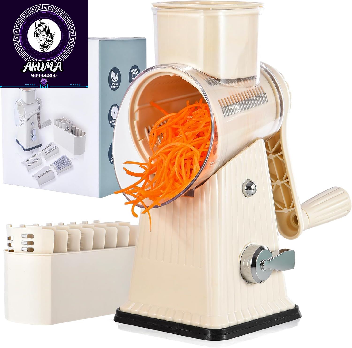 Xilrvna Rotarycheese Grater,Vegetableshredder 5 in 1 Cheese Grater with Handleedderreinforcedsuction,Easytoclean,Kitchenchopperforcrushedice,Fruits and Nuts with Blade Storage Case（White