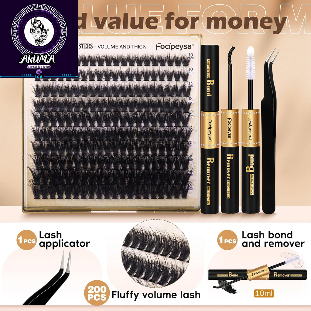 Lash Extension Kit Thick Eyelash Extension Kit 10-18Mm Fluff Volume Lash Clusters 200D Individual Eyelashes Kit with Lashes Bond, Lashes Remover, Lash Tweezers, DIY Lash Extension