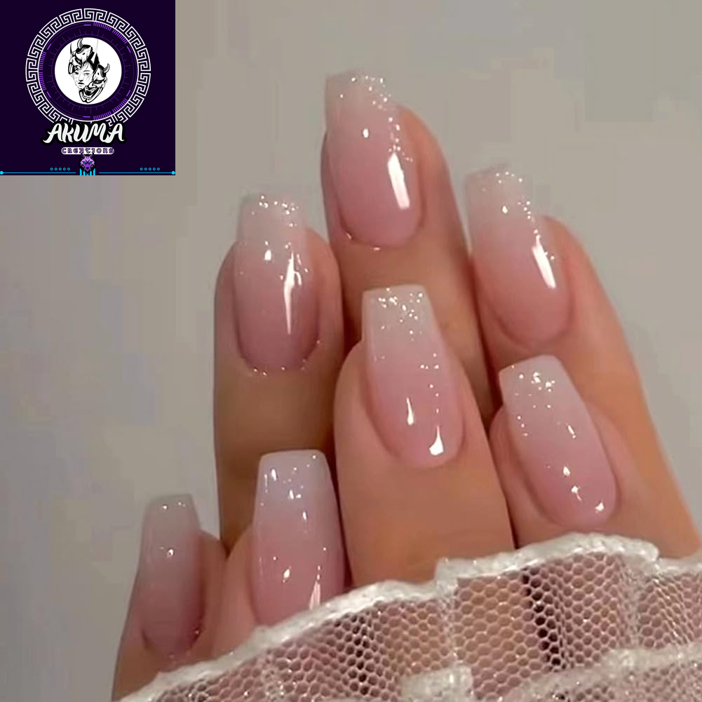 Square Medium Pink White Ombre False Nails with Glitter - 24Pcs Press on Designs Acrylic Artificial Stick on Nails for Women Girls