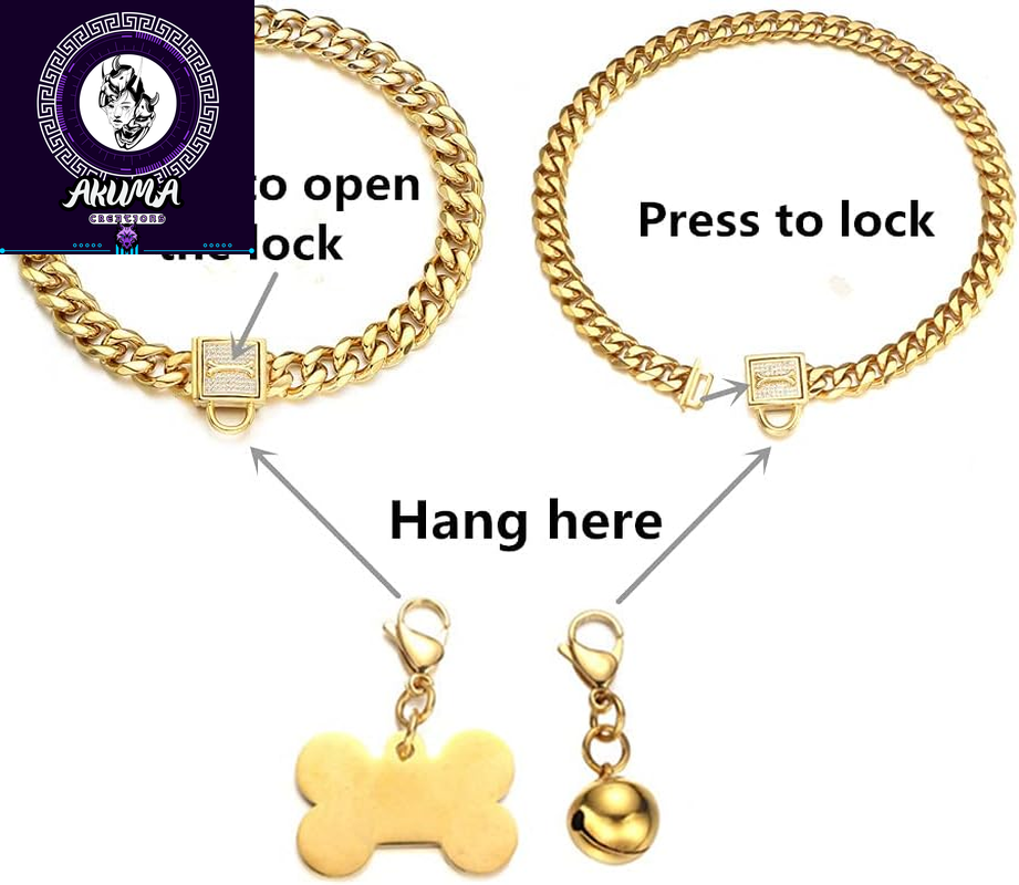 Gold Chain Dog Collar Walking Trainning Chain Collar with CZ Lock ID Tag and Bell Chew Proof 11MM/15MM/19MM Stainless Steel Cuban Link Chain for Small Medium Large Dogs (15Mm, 10Inch)