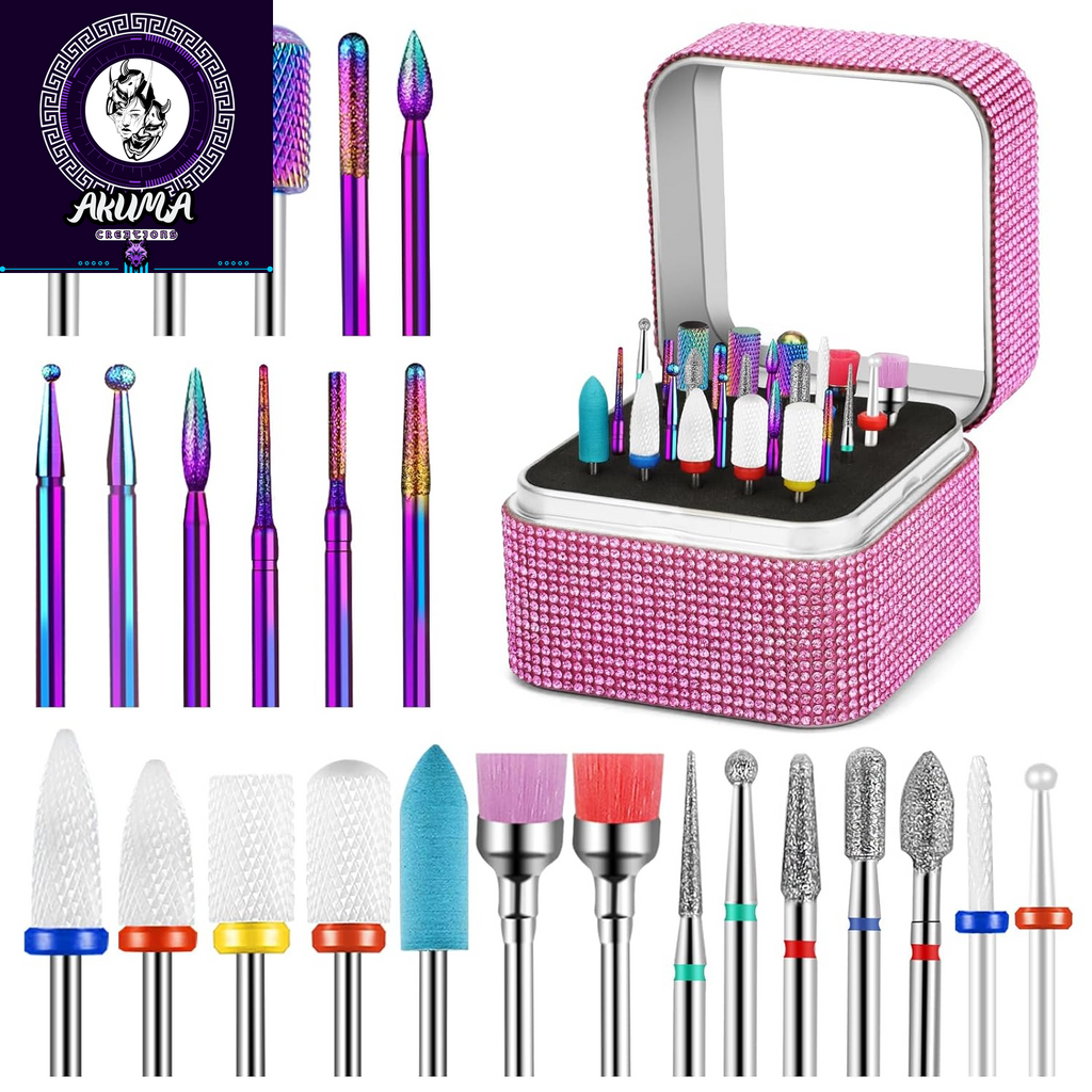 25Pcs Nail Drill Bits Set with Storage Box, 3/32 Inch Tungsten Ceramic Diamond Carbide Nail Drill Bits for Acrylic Gel Polish, Cuticle Efile Remover for Manicure Pedicure