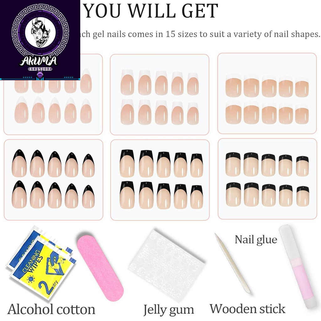 6 Pack French Tip Press on Nails - Almond, Square & Coffin Shapes, Short Fake Nails with Glue, Artificial Stick on Nails (White, Black)