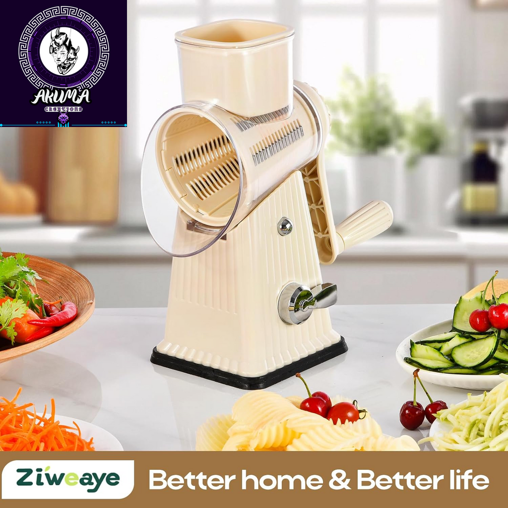 Xilrvna Rotarycheese Grater,Vegetableshredder 5 in 1 Cheese Grater with Handleedderreinforcedsuction,Easytoclean,Kitchenchopperforcrushedice,Fruits and Nuts with Blade Storage Case（White