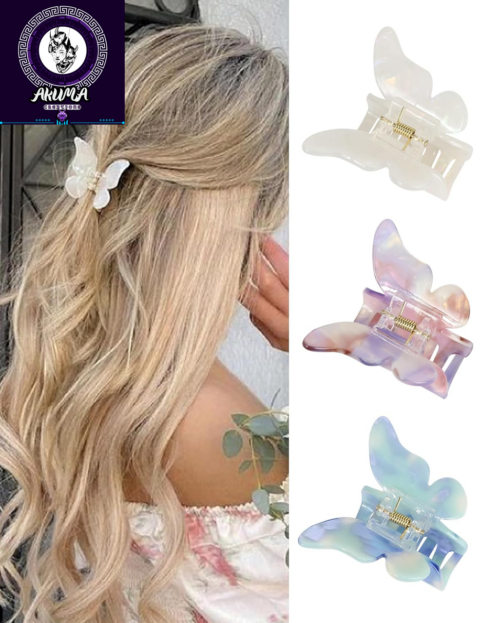 Hair Accessories - 3.3 Inch Butterfly Hair Claw Clips, Large Sized Jaw Clips for Girls and Women, 5 Pack