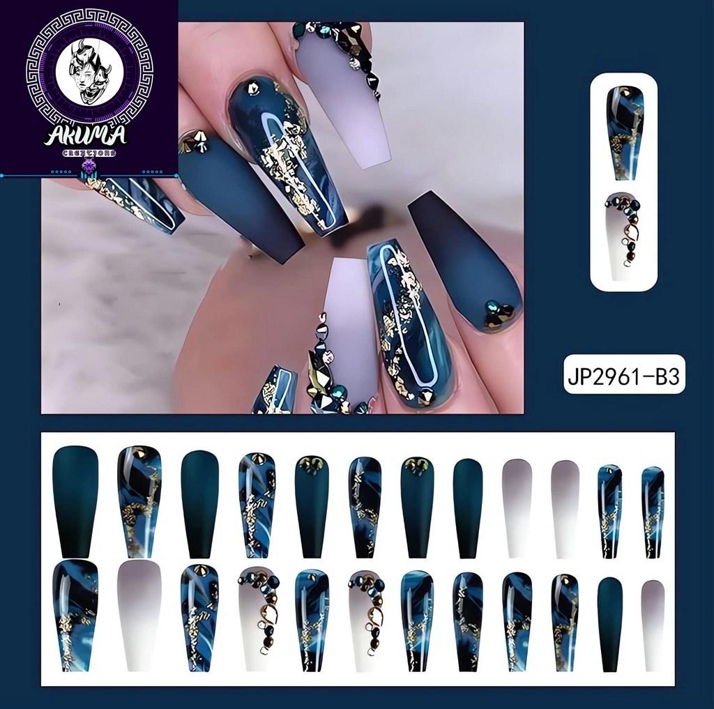 Long Press on Nails Navy Blue Coffin Fake Nails French Marble False Nails with Glitter Designs Rhinestones Glue on Nail Matte Stick on Artificial Nails for Women 24Pcs