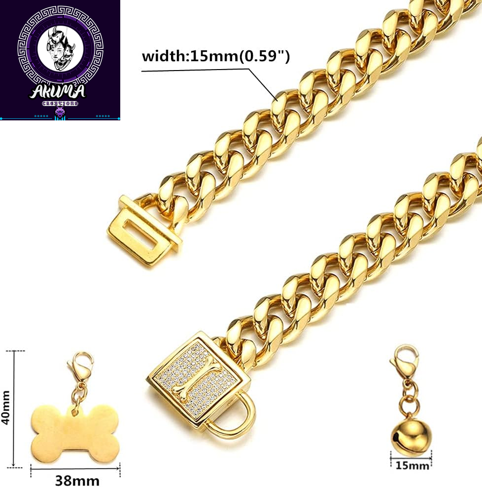 Gold Chain Dog Collar Walking Trainning Chain Collar with CZ Lock ID Tag and Bell Chew Proof 11MM/15MM/19MM Stainless Steel Cuban Link Chain for Small Medium Large Dogs (15Mm, 10Inch)